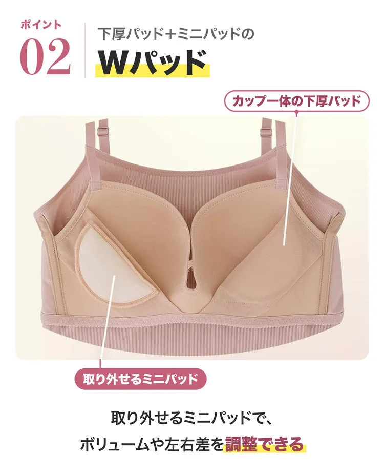 ポイント02 下厚パッド＋ミニパッドのWパッド。取り外せるミニパッドで、ボリュームや左右差を調整できる