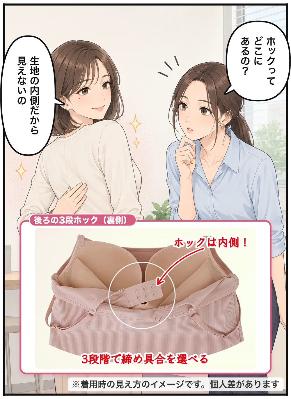 「ホックってどこにあるの？」「生地の内側だから見えないの」後ろの3段ホック（裏側）の写真。3段階で締め具合を選べる