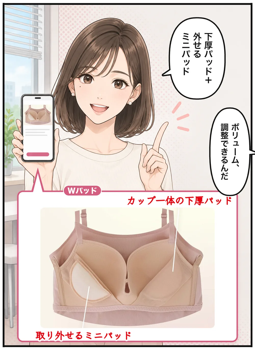「下厚パッド＋外せるミニパッド」「ボリューム、調整できるんだ」Wパッドの写真