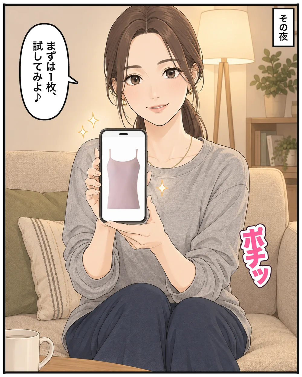 その夜。スマホで注文するミオ「まずは1枚、試してみよ♪」