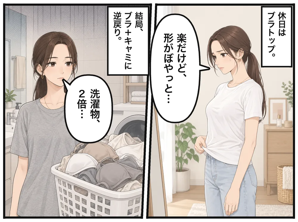 休日はブラトップ。「楽だけど、形がぼやっと…」結局、ブラ＋キャミに逆戻り。「洗濯物、2倍…」