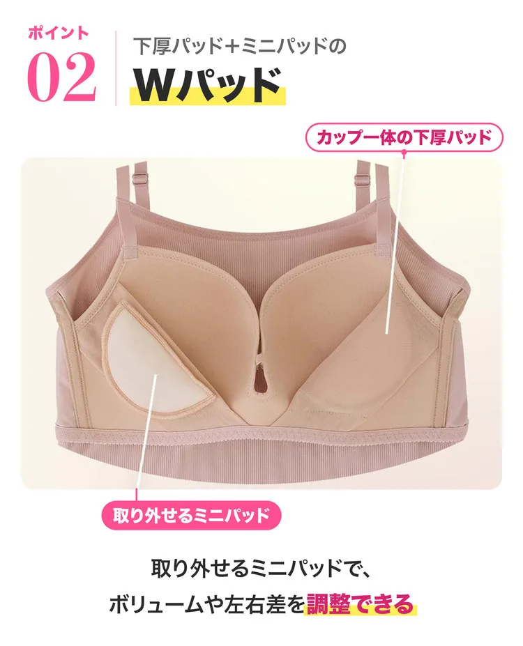 ポイント02 下厚パッド＋ミニパッドのWパッド。取り外せるミニパッドで、ボリュームや左右差を調整できる
