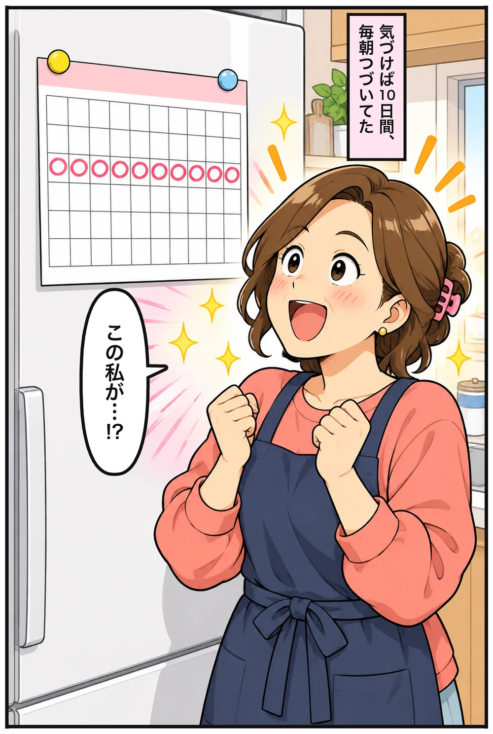 冷蔵庫に貼ったカレンダーに、丸が10個並ぶ。「気づけば10日間、毎朝つづいてた」ナオコ「この私が…!?」