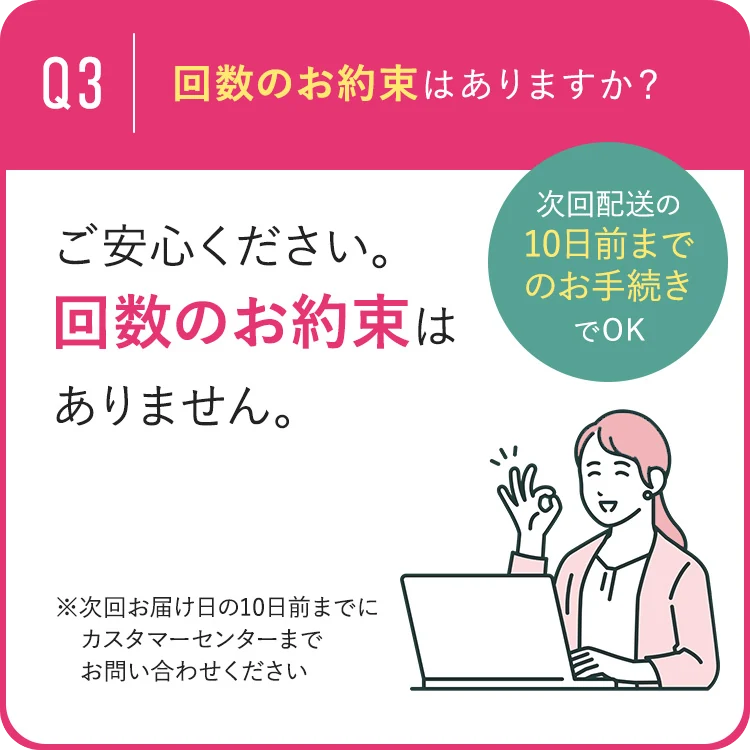 Q3 回数のお約束はありますか? ご安心ください。回数のお約束はありません。次回配送の10日前までのお手続きでOK。※次回お届け日の10日前までにカスタマーセンターまでお問い合わせください